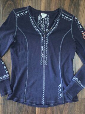 Sundance Women’s Large Navy Henley Long Sleeve Embroidered Waffle Shirt Boho